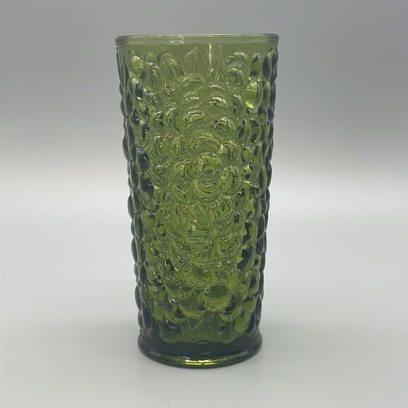 MCM Indiana Glass Vase Pressed Grape Pattern Avocado 1970s - Picture 3 of 16